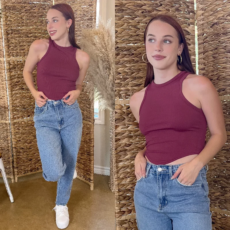 Clothing Sales Staying In High Neck Ribbed Crop Tank Top with Scoop Hemline in Maroon