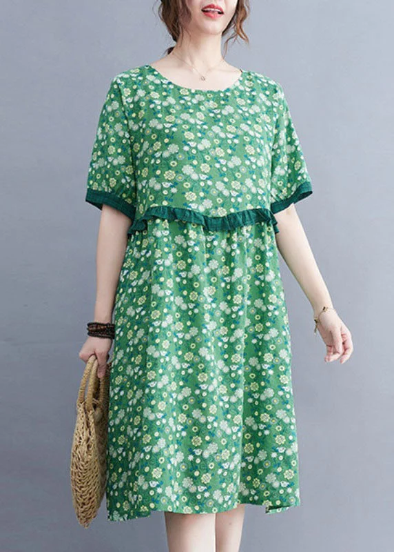 Stylish Savings Art Green O-Neck Print Patchwork Ruffles Cotton Linen Mid Dresses Short Sleeve