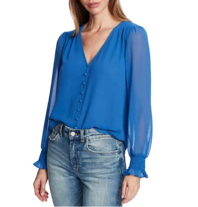 Trendy Aesthetics Long Sleeve Smocked Detail Button Front Harbor Waves Blouse In Blue