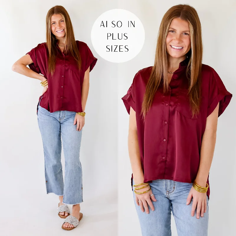 Everyday Wear Free To Be Fab Button Up Short Sleeve Top in  Maroon