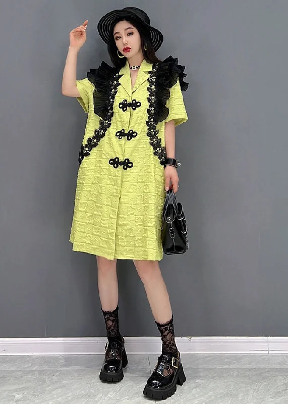 Luxury Fashion Fashion Green Notched Collar Patchwork Ruffles Oriental Button Mid Dresses Short Sleeve