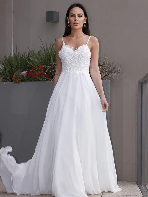 Redefining Women's Fashion A-Line/Princess Chiffon Applique V-neck Sleeveless Sweep/Brush Train Wedding Dresses