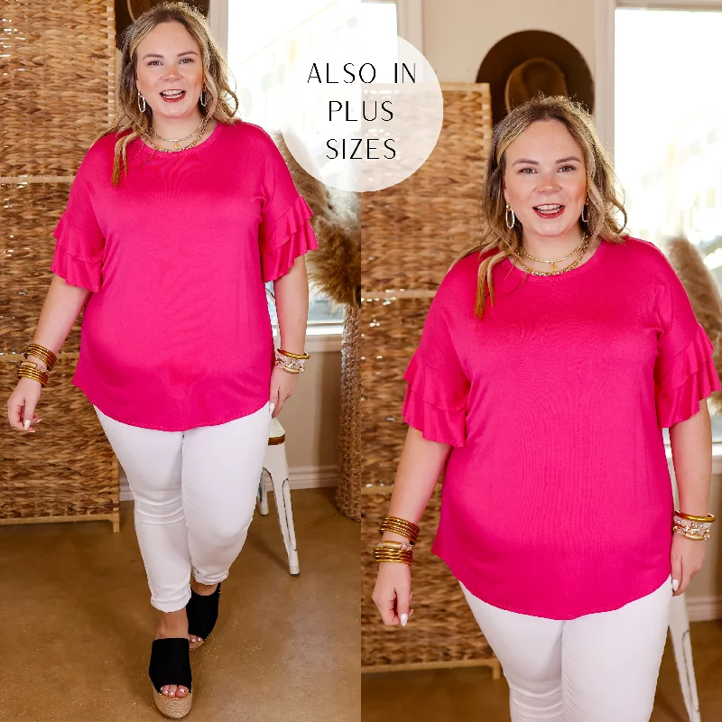 Online Shopping Boutiques Set The Standard Solid Short Sleeve Top with Ruffled Sleeves in Fuchsia Pink