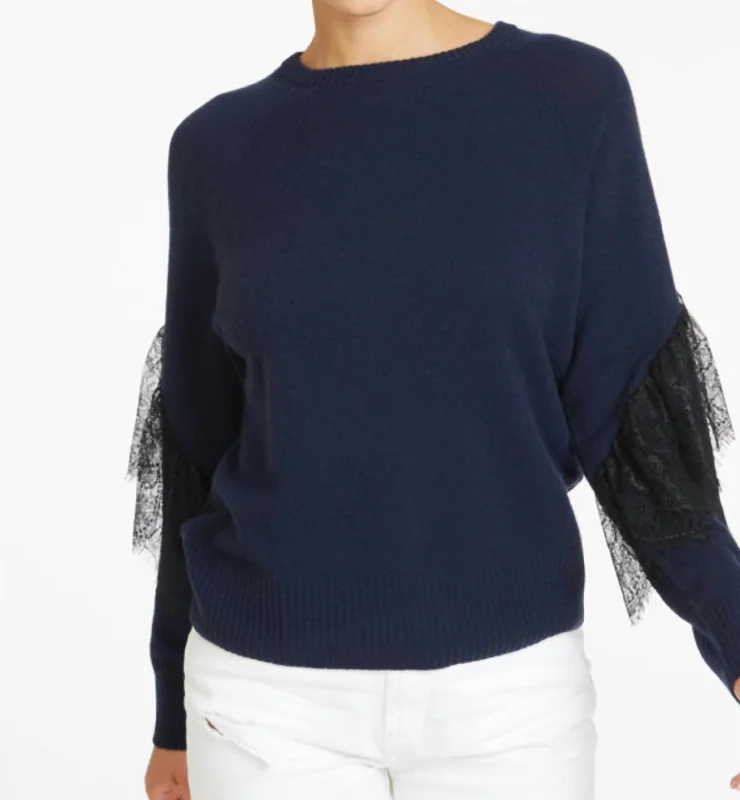 Stylish Basics Lace Trimmed Raglan Sweater In Navy Blue