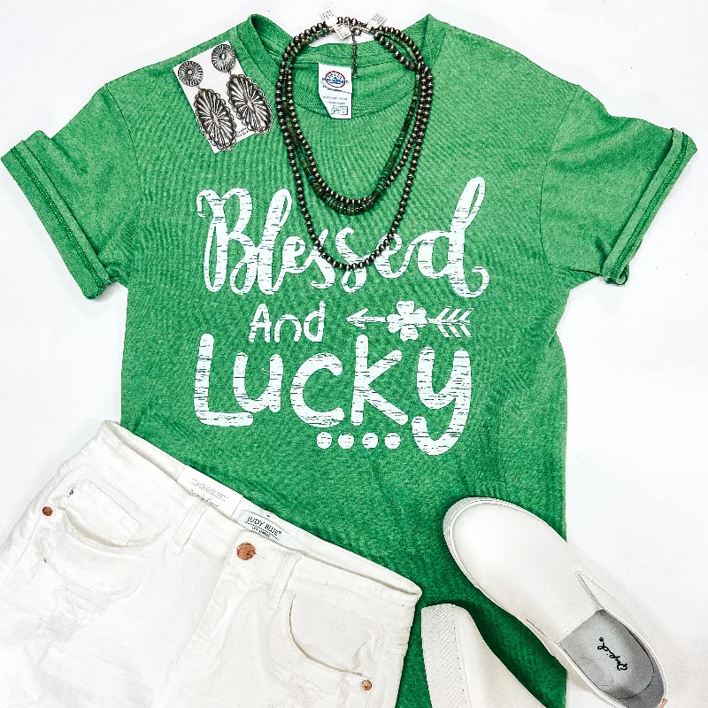 Trendy Street Style Clothing Last Chance Size Small | Blessed and Lucky Short Sleeve Graphic Tee in Green