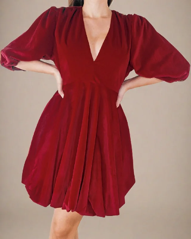 Your Timeless Wardrobe Awaits Clara Red Party Dress - Red Velvet Dress with Balloon Sleeves