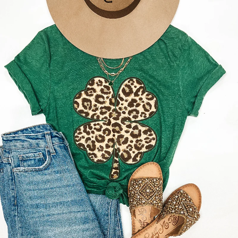 Fashion Essentials Luck of the Irish Leopard Print Clover Short Sleeve Tee Shirt in Green