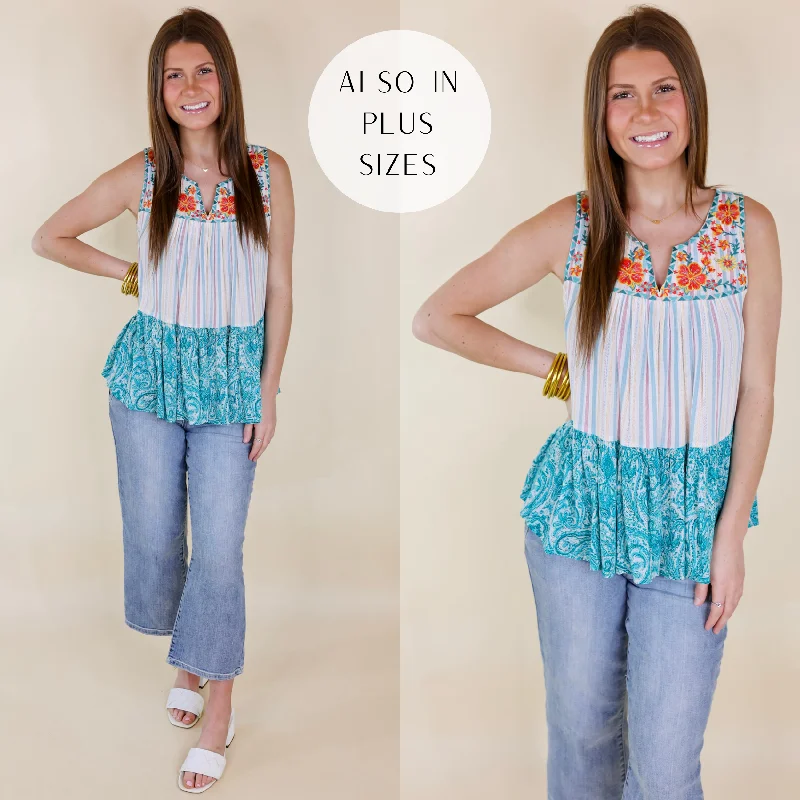 Exclusive Online Sale Coastal Caravan Print Block Tank Top with Floral Embroidery in Turquoise Mix