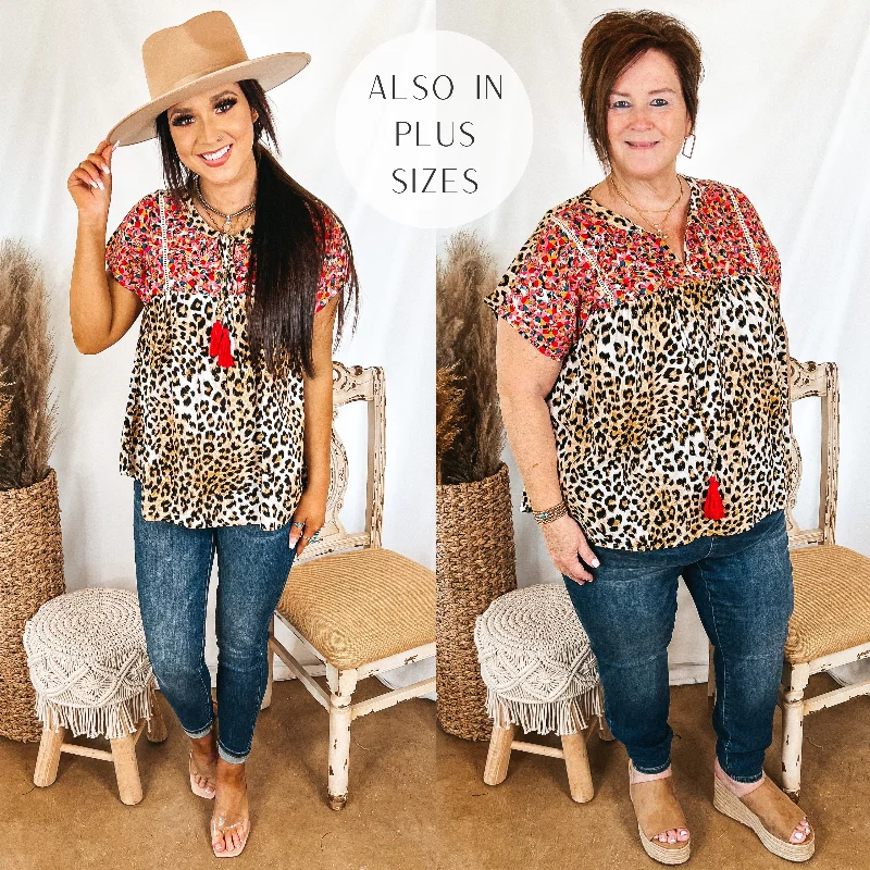 Casual Style for Busy Women Last Chance Size Small | Fredericksburg In the Spring Embroidered Short Sleeve Top with Front Keyhole in Leopard Print