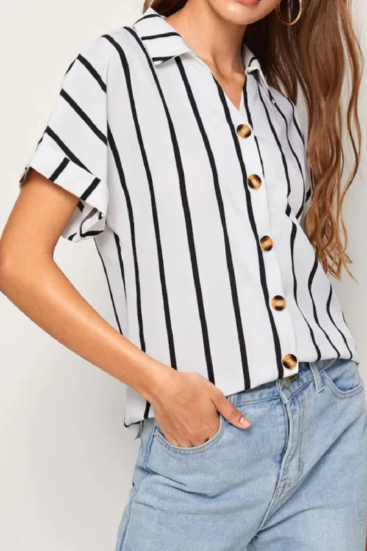 Comfortable Chic D&Y Striped Button Up Short Sleeve Shirt