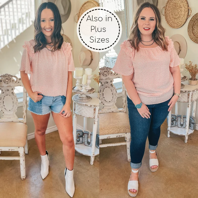 Massive Savings Last Chance Size Small, Medium & 2XL | Blissful Views Dotted Short Sleeve Top with Ruffle Shoulders in Peach Pink