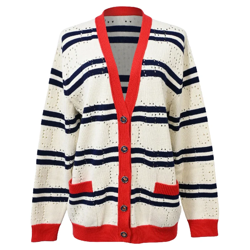 Everyday Fashion Gucci Love Parade Pointelle-Knit Striped Button-Down Cardigan in Cream Cotton