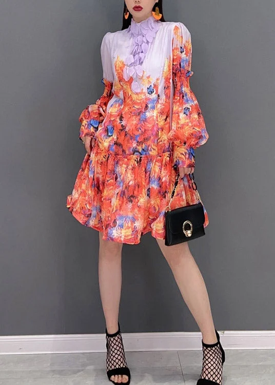 Holiday Discount Fashion Print Stand Collar Patchwork Chiffon Dresses lantern sleeve