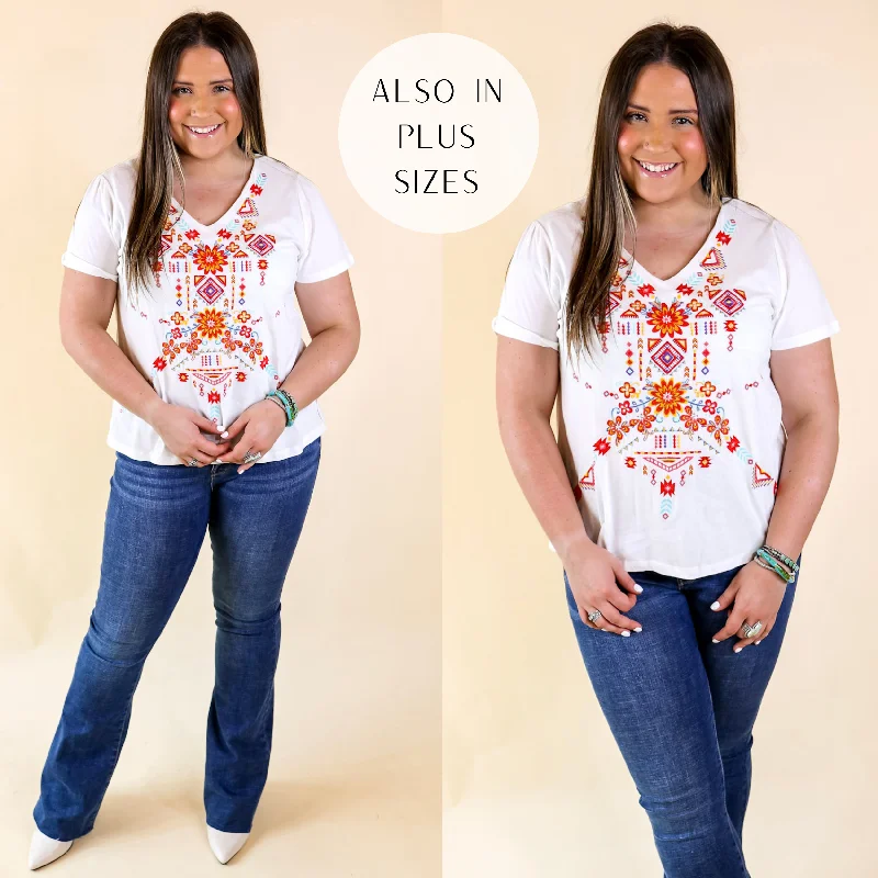 Plus Size Women Wear Southwest Senorita Embroidered Short Sleeve V Neck Top in White