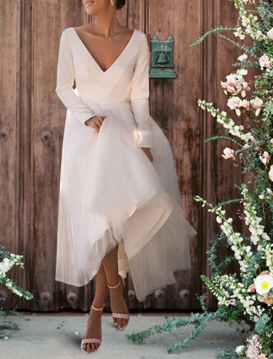 Online Boutiques Clothing Reception Fall Wedding Dresses Vintage 1940s / 1950s Little White Dresses A-Line V Neck Long Sleeve Tea Length Satin Bridal Gowns With Sashes / Ribbons Crystals Summer Party