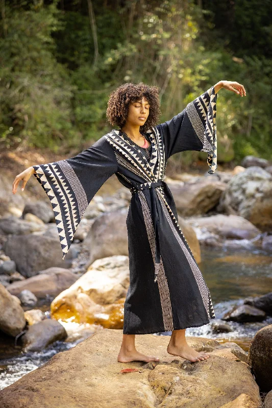 Earthy Tones ELGA Womens Kimono Robe Arm Flairs Soft Breathable Rayon Festival Black and White Tribal African Patterns Elegant Boho Pyjama AJJAYA