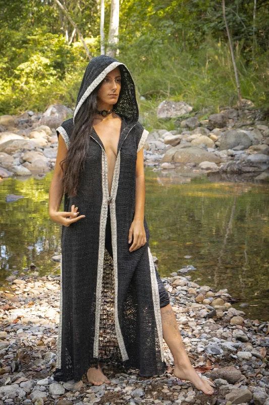 Affordable Women's Clothing Online LALIKA Womens Vest Black Long Hooded Large Hood Natural Netted Cotton Festival Ceremony Tribal Dystopian Cyberpunk Steampunk Gypsy AJJAYA