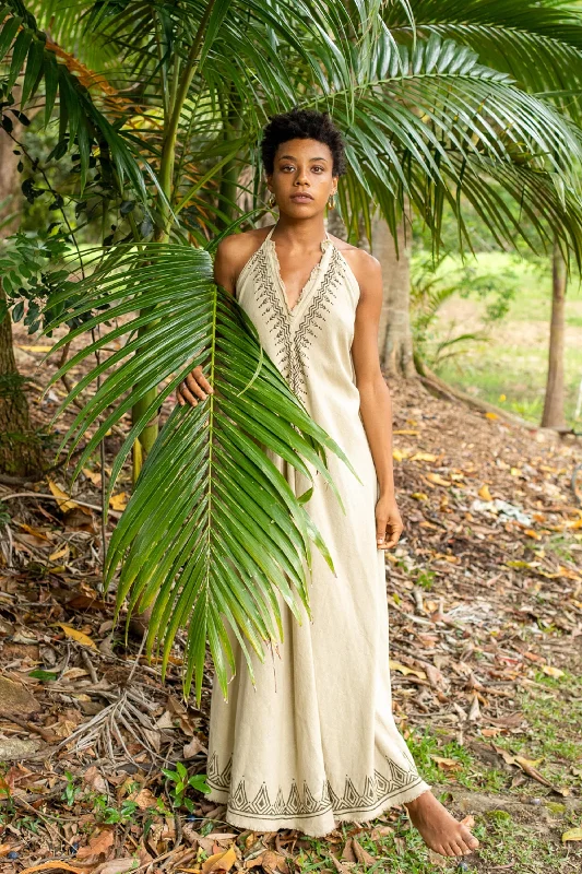 Bold Fashion SELENA Long Dress Goddess Beige Maxi Open Back Cotton Festival Boho Naturally Dyed Block Printed Tribal Hippie Patterns Earthy AJJAYA