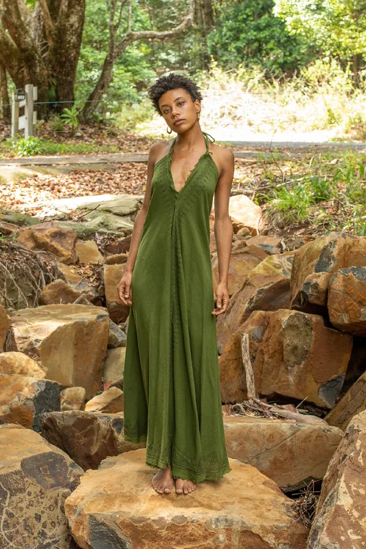 The Latest Trends SELENA Long Dress Goddess Sage Green Maxi Open Back Cotton Festival Boho Naturally Dyed Block Printed Tribal Hippie Patterns Earthy AJJAYA