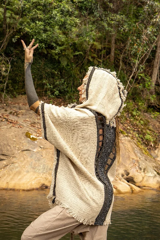 Casual Fashion Trends for Women WIZARD Womens Beige Hooded Kimono Vest Tribal Ritual Ceremony Shamanic Gypsy Festival Magic Ritual Alchemy Primitive Rave Boho Earthy AJJAYA